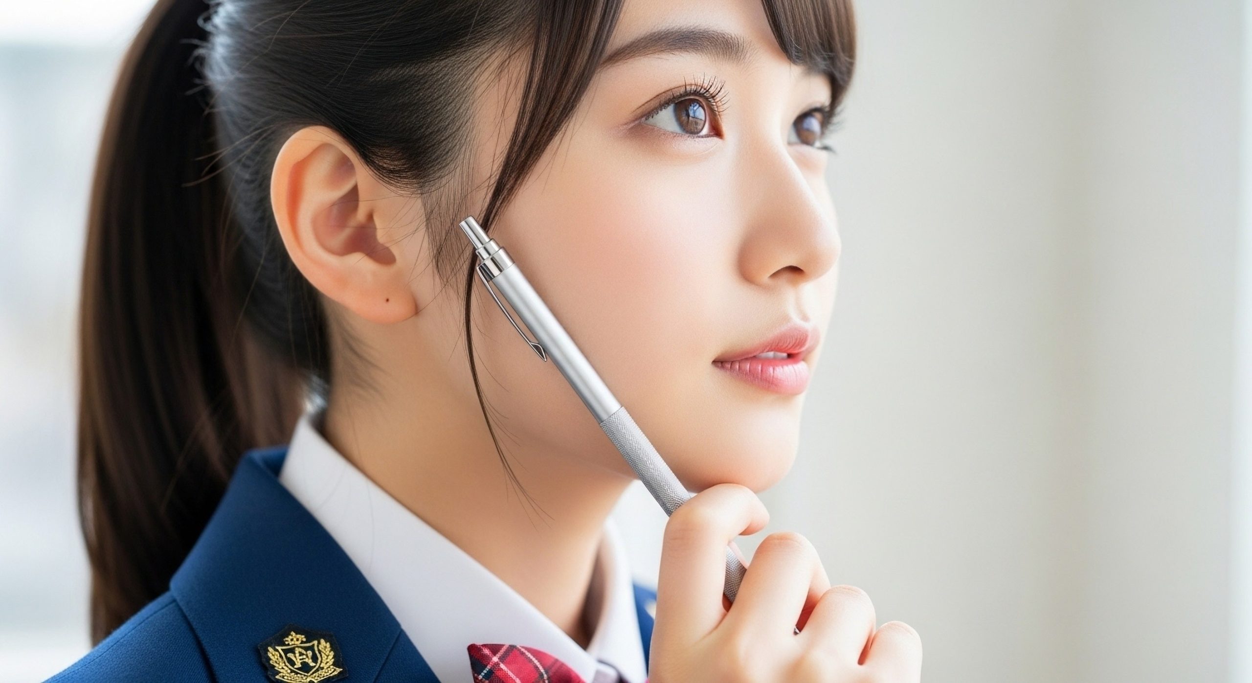 シャープペンシルと女子高生:勉強中にふと考え事をする日本人女子高生の横顔