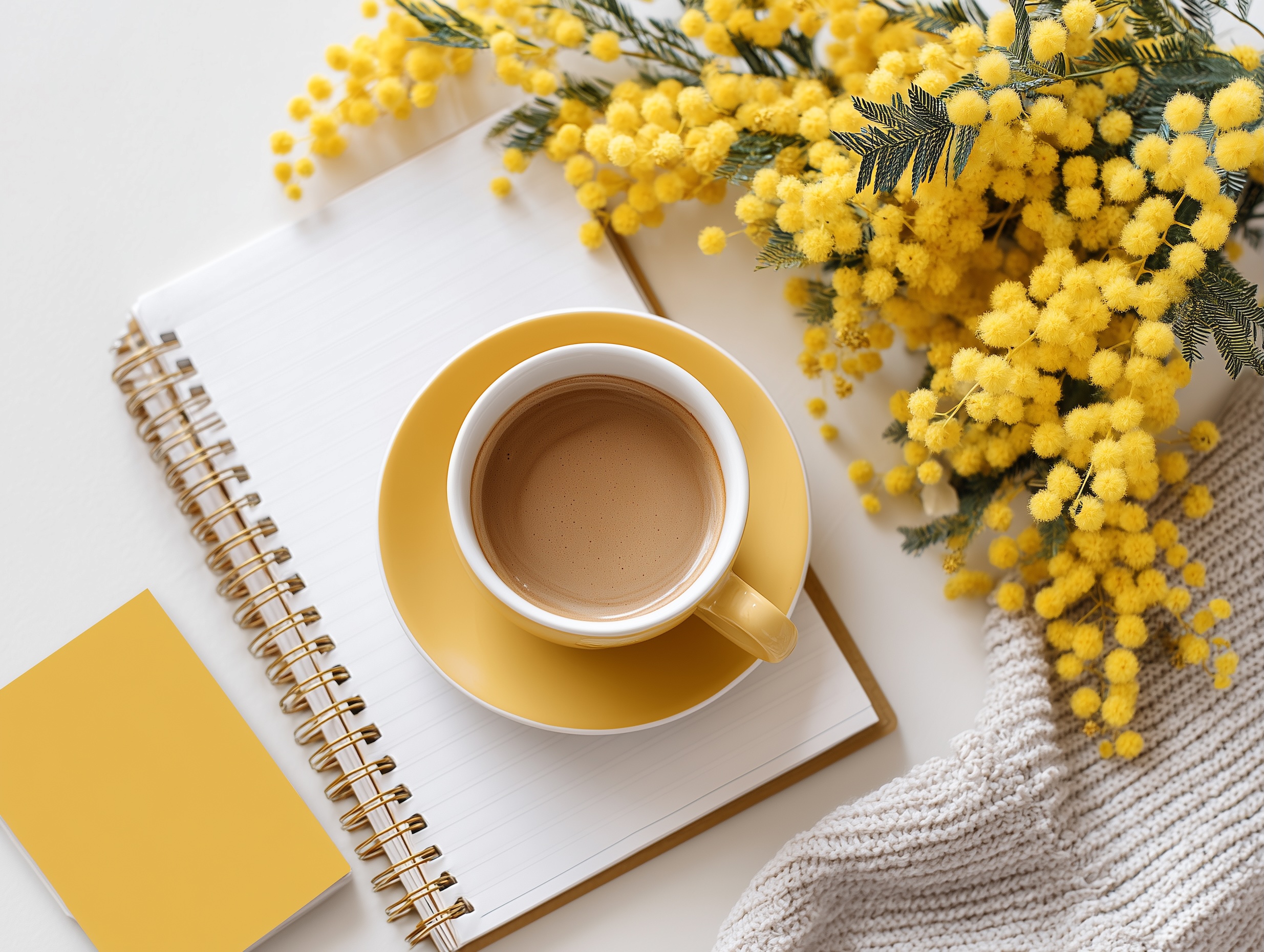 明るく爽やかなコーヒーブレイクの写真 ミモザを添えた春のテーブルフォト